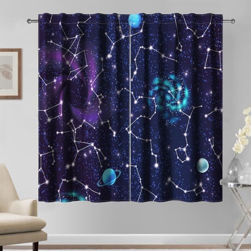 Kzzfqxb 107×160cm Tende Galaxy, Blu Viola Notte Cielo Stellato Pianeti Nebulosa Astrologia Astronomia Stampate 2 Pannelli per Bambini, Camera da Letto Soggiorno finestra