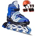 BABAFAB Adjustable Inline Skates Skating Shoes for Boys Kids Girls Adjustable Roller Blades Large Size Age 9-15 Years PU Strong 4 Wheels Aluminium with LED Flashing Lights (Blue with Safety)