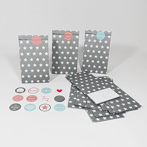 12 Frau Wundervoll Papiertüten mit Boden – grau, weiße Sterne, 100 Gramm Papier -/ Blockbodenbeutel aus Papier / Gastgeschenk Hochzeit - 2