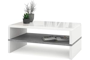 ‎ALL4ALL All4All Couchtisch Riva - Kleiner Kaffeetisch - Wohnzimmertisch – Sofatisch mit Ablagen - kompakte Größe - Sofatisch - 100x60cm - 05 - Weiß Hochglanz + Betonfarbe