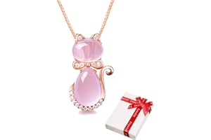 ZOOTING Damen Kette Anhänger Rosa mit Strass für Teenager Mädchen Frauen,Rosegold Natur-stein Freundschaftsketten Halskette Gravur Katze,Zart Pink Modeschmuck Geschenk für Freundin Tochter Muttertag 45cm