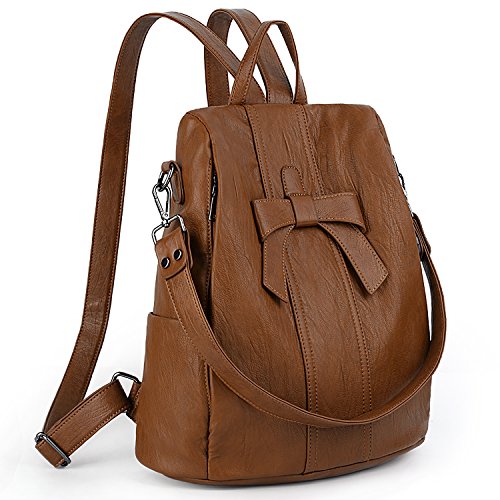 UTO Femme Sac à Dos ANTIVOL Sac porté épaule PU Cuir lavé Convertible Bowknot Fermeture à glissière au Dos Brun