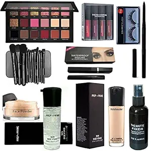 Eaglehunt MACC Combo Makeup kit for girls set of 14 Primer, Foundation, Eyeliner, Mascara, Kajal, Loose Face Powder, Eyeshadow, Makeup Brush, Red Edition Lipstick, Eyelashes And Makeup Fixer