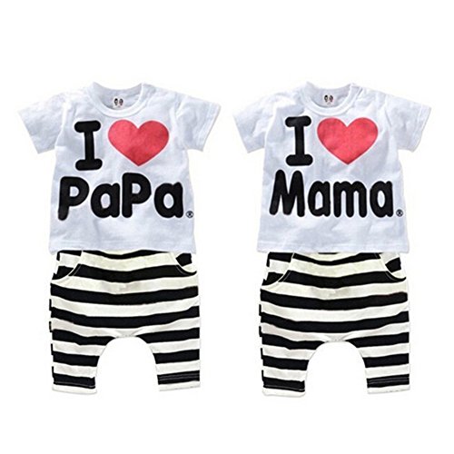 Wawoo® I Love Papa & I love Mama Unisex Children Comfortable Summer Suits Cotton T-shirt & Striped Cropped Pants Twins Baby Summer Clothes White