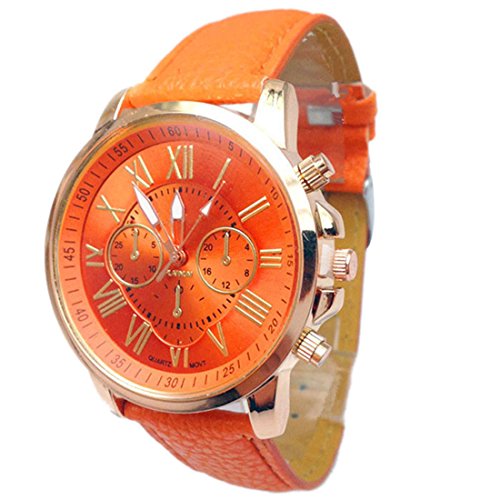 FEITONG Damenuhr Stilvolle Ziffern Kunstleder Analoge Quarz Armbanduhr Orange FEITONG Damenuhr Stilvolle Ziffern Kunstleder Analoge Quarz Armbanduhr Orange