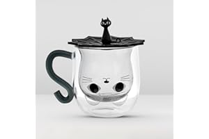 LOMUG Gatto Bicchiere a Doppia Parete con Coperchio - Tazza per Latte Macchiato Carina per Gatti - Bicchieri per Caffè a Doppia Parete - Regali per Donne, Bambini e Festa Della Mamma