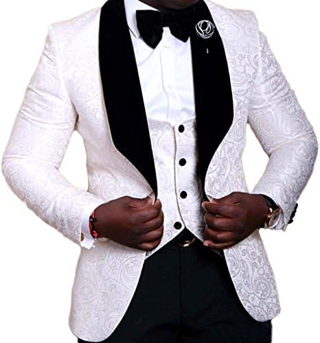 AugusWu One Button Jacquard Weave Mens Slim Fit Tuxedos Suits 2 Piece Sets White XXXL