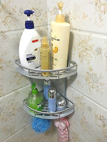 Eckregal Bad, 2 Etagen Kein Rost Aluminium Duschregal mit 2 Haken, 36 x 22 x 29 cm - 7