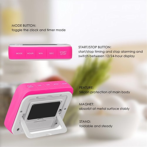 ZHPUAT Magnetischer Kurzzeitmesser Timer mit Schutzhülle aus Silikon Küchentimer Top Qualität Hochwertig Countdown/up macht Pünktlich Farbe Rosa - 3