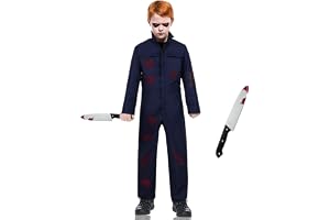 DUOLAM Halloween Michael Myers kostym barn: 2-pack karneval halloween mördare film skräck cosplay kostym och blodsmörjd kniv