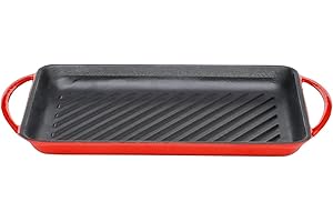 Lätt Home Bistecchiera Antiaderente in Ghisa Smaltata. Padella Grill Rossa Rettangolare 39,5x22x3,5 cm. Piastra per Piano Cottura Induzione Elettrico, Gas e Forno. Per grigliare Carne, Pesce e Verdure