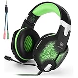 Gaming Headset, KOTION EACH G1000 Professionale del PC di 3.5mm Stereo Basso Cuffie Auricolari Fascia con il Microfono del Mic Isolamento di Rumore Over-orecchio Colorato Respirazione LED Light per il Computer Portatile - Nero + Verde