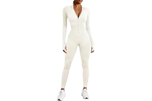 Voqeen Mono Deportivo Mujer Yoga Mono con Cremallera Manga Larga Traje Una Pieza Elásticos Ajustado Jumpsuit Fitness Body de Punto Acanalado Sexy Gimnasio Overol