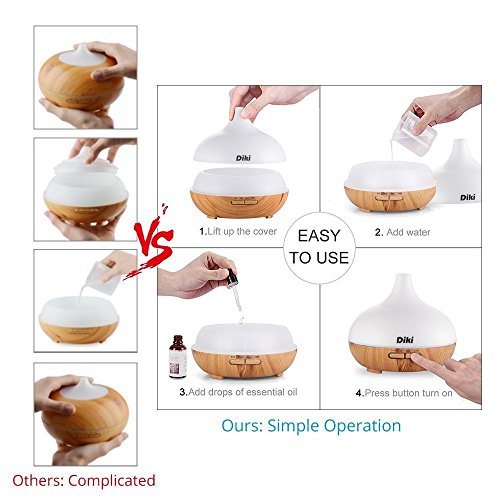 Aroma Diffuser,DIKI Ultraschall Ätherisches Öl Diffusor Luftbefeuchter Holzmaserung Duftzerstäuber Düfte Humidifier Aromatherapie Duftöl Diffusor 300ML mit 7 Farben LED Licht für Babies Persönlich Schlafzimmer Büro oder - 4