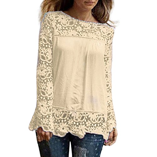 Manadlian_Manga larga para mujer Manadlian Moda Camisa de MangaBlusa de Encaje Casual Algodón Suelto Tops Camiseta para Mujer L Beige