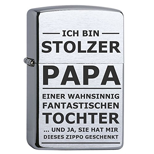 Zippo mit Gravur STOLZER PAPA in vier verschiedenen Ausführungen in exklusiver Geschenkschatulle, Zippo Modell:Chrome Brushed