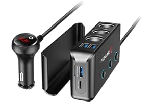‎FEEGAR F ROZDZIELACZ GNIAZDA ZAPALNICZKI FEEGAR CIGA DO SAMOCHODU 12-24V 4x USB QC3.0 PD 200W 10A WYŚWIETLACZ NAPIĘCIA, WYMIENNY BEZPIECZNIK, TAŚMY 3M