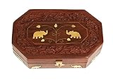 Title change to:IndiaBigShop Wooden Handmade Jewelry Box With Handcrafted Two Golden Elephant Unique Design For Earring, Neck less Etc Value able Ornaments Storage box Or Multi Purpose Use Size 7 X 5 Inch