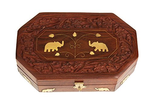 Title change to:IndiaBigShop Wooden Handmade Jewelry Box With Handcrafted Two Golden Elephant Unique Design For Earring, Neck less Etc Value able Ornaments Storage box Or Multi Purpose Use Size 7 X 5 Inch