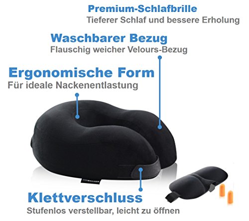 Reise-Nackenkissen Nackenhörnchen – aus weichem, bequemen Memory-Schaum-Stoff – flauschiges Nackenstützkissen zum Reisen mit GRATIS Schlafbrille, Ohrenstöpsel und Tragetasche | VAN BEEKEN Reisekissen - 2