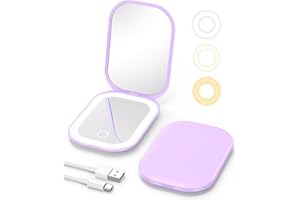 Gospire Espejo compacto iluminado con luz y aumento 1X/3X, atenuación continua y luces ajustables de tres colores, batería recargable y tamaño compacto para bolso y viajes, morado