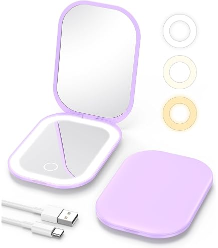 Kompaktspiegel Mit 8 LED Lichtern – Klappbar, Zweiseitig, Batteriebetrieben, Lila, Ideal Für Make-up Unterwegs