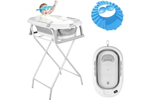 OHMG Baignoire bebe avec Support 85cm，Baignoire Pliable Bébé sur Pied，Sécurisée et Confortable Bassine Pliable Bebe avec Thermomètre et Coussin de bain，Baignoire bébé pliante