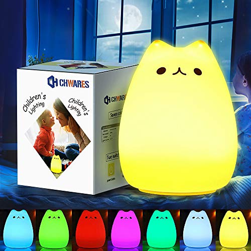 CHwares Portable LED Children Night Light Kids Multicolor Silicone Cat Lamp, Warm White &7-Color Breathing Dual Light Modes, Sensitive Tap Control for Baby Adults Bedroom?USB Rechargeable Lighting