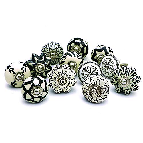 Cosynee - Pomos de cerámica para armario, diseño floral, color blanco y negro
