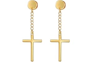 JewelryWe - Pendientes largos de acero inoxidable para hombre y mujer, diseño de cruz larga, color dorado y plateado, para niños y niñas