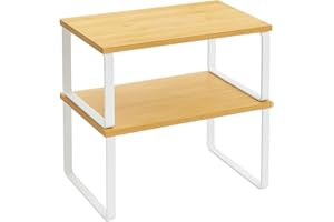 MARLEON STORE Estante De Cocina Organizador, Juego De 2, Soporte Apilable De Armario Y Encimera, Estantería De Almacenamiento De Metal Y Madera Técnica, Blanco, Diseño Moderno, Ahorra Espacio Y Ordena con Estilo
