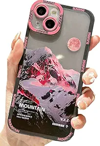 JANDM Compatible with iPhone 13 Mini Case, Romantic Mountain Sunset Clouds Moon Night Scenery Lovely Case Soft Shockproof Camera Protective Cute Women Girls Case for iPhone 13 Mini -Pink