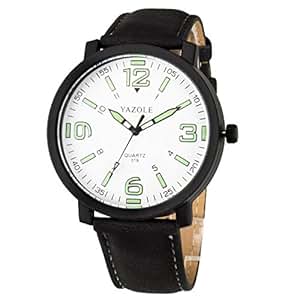 Men Simple Style Wrist Watch Night Light Hand 30M Waterproof Big White Dial Black Leather Strap 