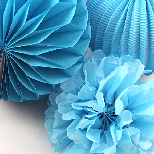 SUNBEAUTY 8er Set Tissue Papier Blume Pompom & Honeycomb Wabenball & Lampion Rosa Blau Serie Mixed Hochzeit Geburtstag Babyparty Dekoration (Blau) - 2