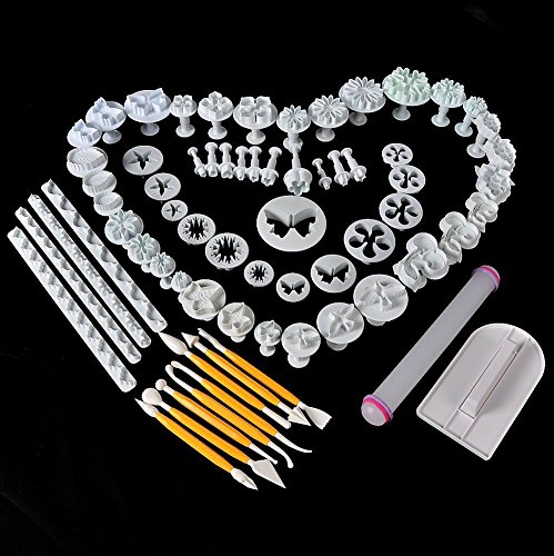 SUNJAS 68tlg Modellierwerkzeug Herz Traube Kirsche Stern Ausstecher Ausstechform Stempel Glätter Fondant Torten Kuchen Keks Plätzchen Marzipan Kit Set Deko