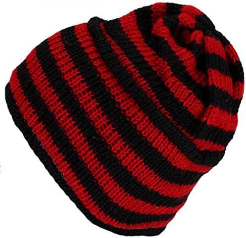 RED & BLACK STRIPE HIPPIE BEANIE HAT NEPAL WOOL KNIT & FLEECE LINED