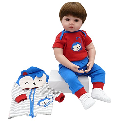 Yesteria Poupée Réaliste Reborn Bébé en Silicone Vinyle Couverte Singe Pantalon Bleu Chaussures Blanches 60 cm
