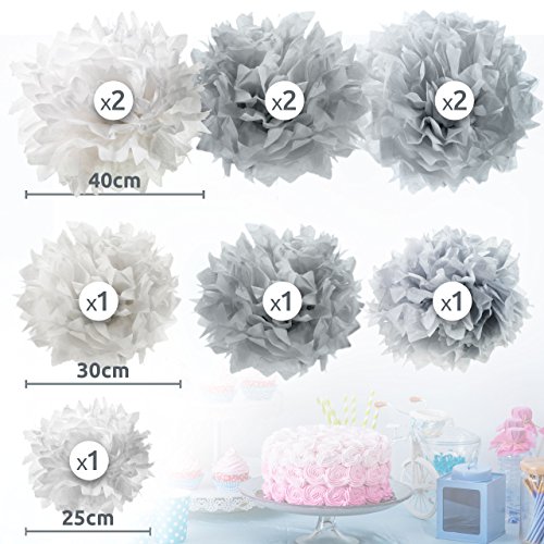 PUMPKO 10er Set Premium Seidenpapier PomPoms für Ihre Hochzeit | Pom Poms zur Deko von Geburtstagen | Papierblumen für eine besondere Party | Pompons in Weiß, Hellgrau und Grau - 3