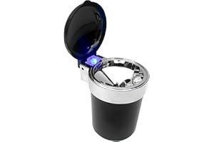 EUROXANTY Cenicero coche con luz | Cenicero con tapa | Adaptable | Gran capacidad | Luz led Azul | Desmontable | Con apoya cigarros | Sin humos | Negro