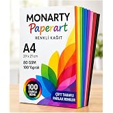 MONARTY A4 Renkli Kağıt, 80 GSM, 29x21 cm, 10 farklı Renkli, &Ccedil;ift Taraflı Parlak Renkler 100 Adet