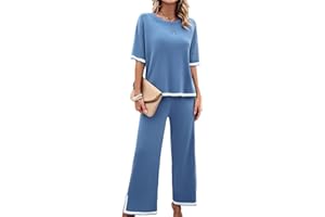OLIPHEE Mujer Conjunto Chándal Traje De Punto Dos Piezas Casual Tejido Conjunto De Camiseta De Manga Corta Y Pantalones Conjunto De Pijama Cómodo Moda Color Sólido Verano