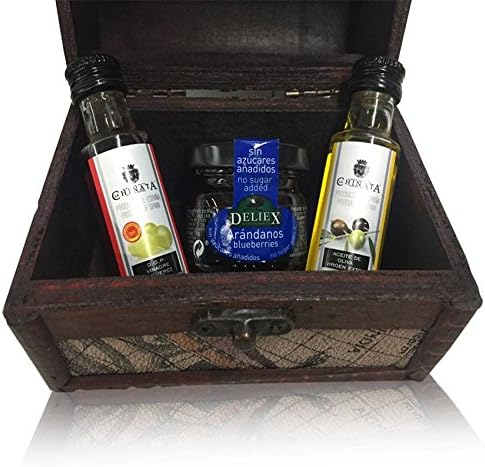 Wooden Large Chest and reason of Maps with Miniature Oil and Vinegar, and Blueberry Jam Jar (Pack 24 UD)