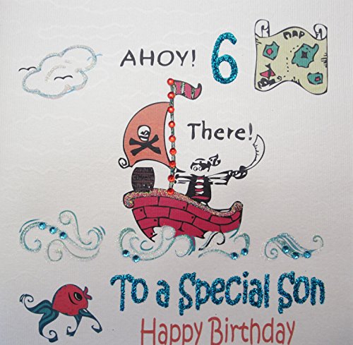 WHITE COTTON CARDSPirate Ship, To A Special Son Happy AHOY 6" Handmade 6th Birthday Card, White, GL214-6