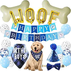 KUTKUT Dog Birthday Party Supplies, Blue Boy Dog Bandana Hat Scarfs Flag Bowtie Birthday Banner Paw Balloons Bone Foil Balloons for Boy Dog Birthday Party Decorations