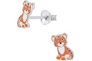 Laimons Pendientes infantiles para niñas, joyas infantiles, diseño de tigre, gato depredador, tigre en brillante, 9 mm, de plata de ley 925