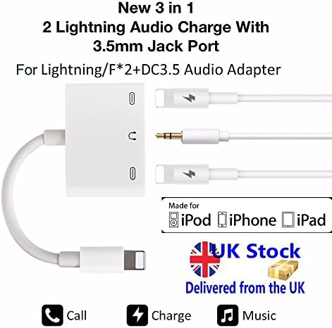 iPhone 7 8 X 2 Lightning Audio Headphone Adapter Charger Splitter with 3.5 Jack 3 in 1 Lightning Adapter and Charger-Lightning to Lightnimg/F*2 + DC3.5 Audio Adapter for iPhone 7 7 Plus 8 8 Plus X