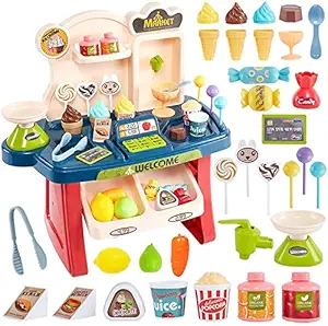 Brand conquer ABS Plastic Pretend Play Mini Supermarket Toy | Cash Register, Shopping Cart Toy (Set of 33 Pcs) (Multi Color)