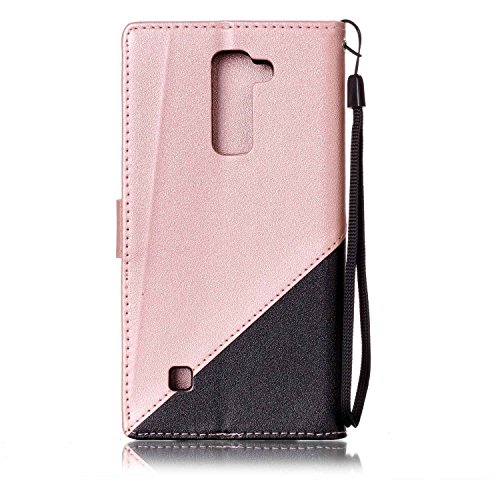 LG Stylus 2 Hülle,LG LS775 Leder Case,Sunroyal PU Leder Brieftasche Schutzhülle Tasche Handyhülle Schutz Hüllen im Bookstyle Ledertasche mit Stand Funktion Kartenfächer Magnetverschluss Magnet Etui Schale Schutzhüllen,Retro Schwarz Rose Gold Muster Entwurf Flip Klapp Cover Tasche mit Strap Kartensteckplatz Hinterschale Kartenschlitz mit Silikon Kratzfest für LG Stylus 2 LS775/LG G Stylo 2 + HD Super Klare Displayschutzfolie - 3