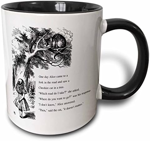 3dRose Which Road Do I Take Cheshire Cat Alice in Wonderland John Tenniel Two Tone Black Mug, 11 oz, Black/White