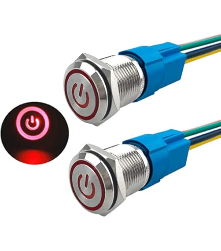 2 Interrupteurs Bouton-Poussoir Momentané 12mm - 12V/24V 3A, Étanche IP66, LED Rouge, Avec Prise Pré-câblée